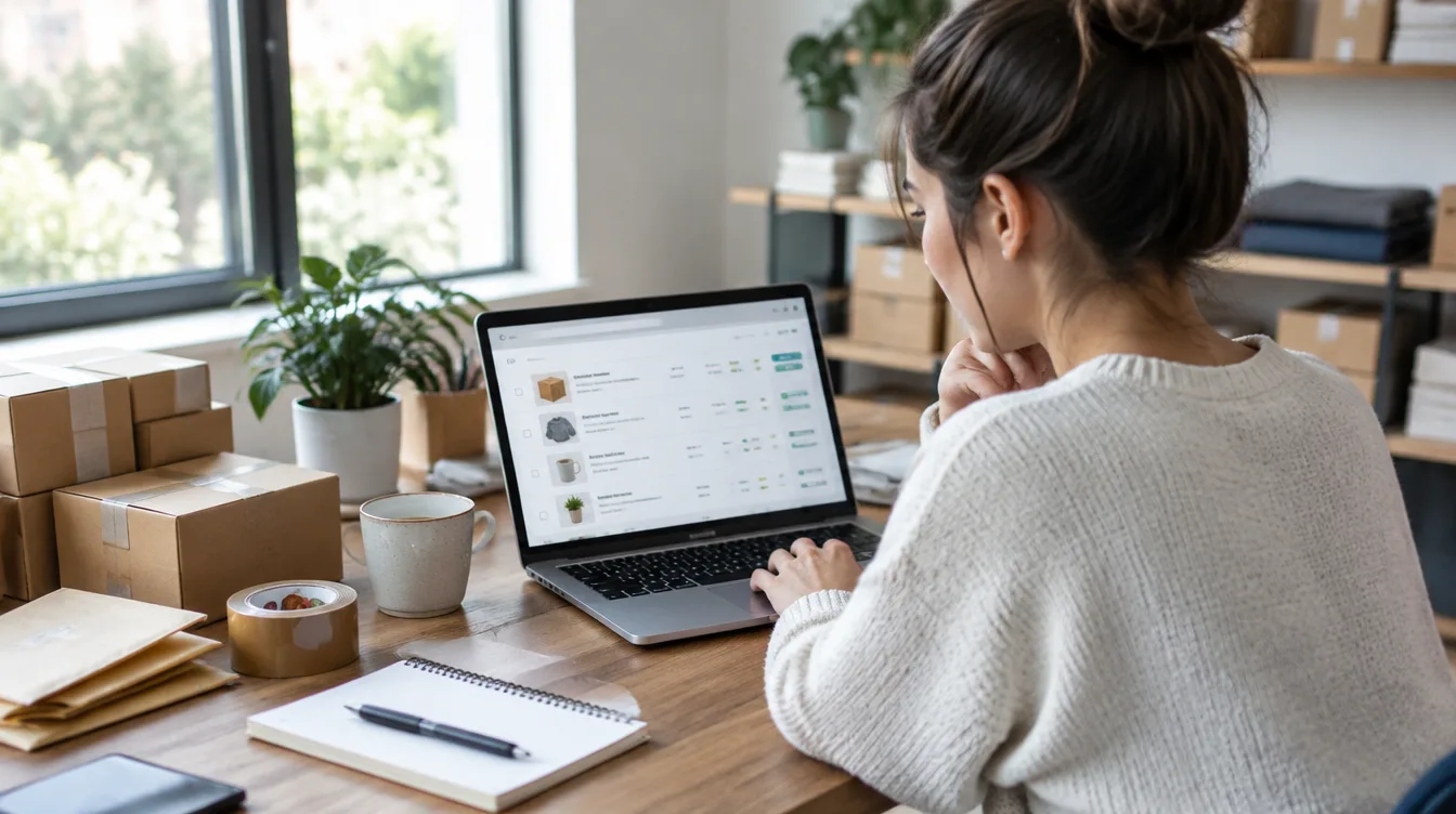 Titolare di un negozio online controlla un ordine al computer per adeguare il pulsante di recesso e-commerce